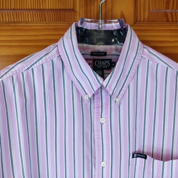 Chaps Pink Stripe Long Sleeve One Pocket Mens Button Front Shirt LG - Picture 3 of 6